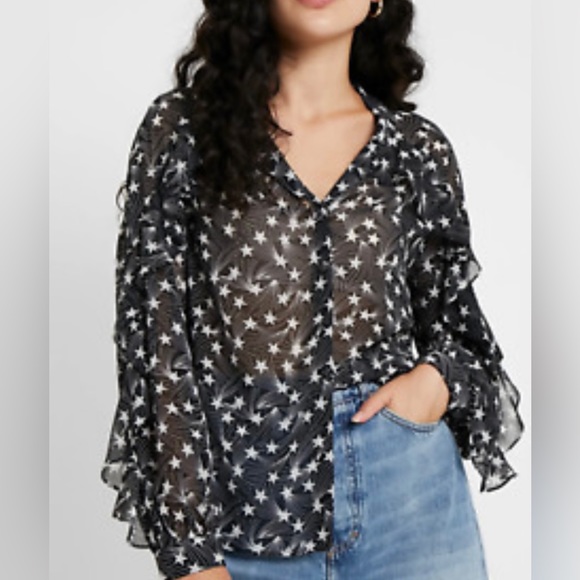 TopShop Star Print Sheer Blouse with Ruffled Sleeves - Picture 2 of 9